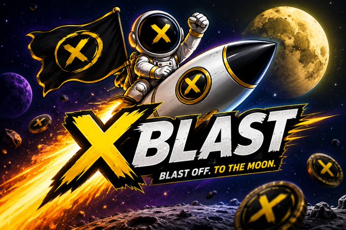 An astronaut rides a rocket through space toward the moon, waving a black flag emblazoned with a gold "X" coin, with the bold text "XBLAST" and the tagline "BLAST OFF. TO THE MOON." The image visually reinforces the "Xblast" memecoin branding from the post, capturing its theme of an exciting, lunar-bound crypto launch.