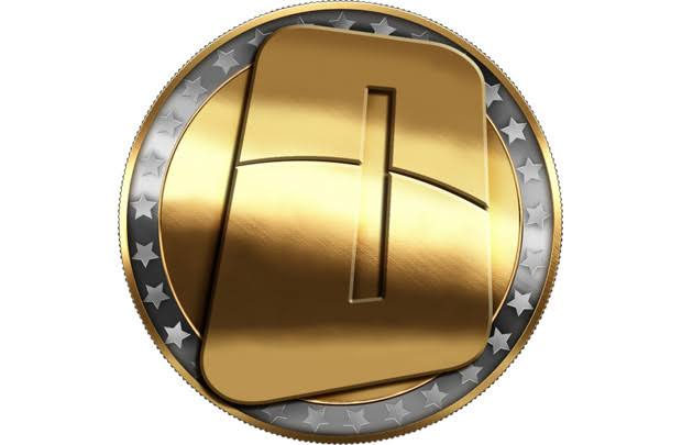 A gold-colored 3D emblem or logo featuring a stylized 'A' or similar letter design encircled by a silver ring with stars.