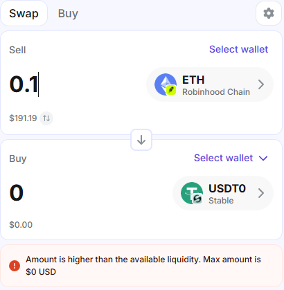 A cryptocurrency swap interface showing an attempt to sell 0.1 ETH (Robinhood Chain, $191.19) for USDT0 (Stable), with an error message indicating the amount exceeds available liquidity ($0 USD max).