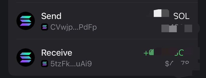 A crypto wallet interface showing "Send" and "Receive" options for SOL on the Solana network, with truncated wallet addresses "CVwjp...PdFp" and "5tzFk...uAi9." The image illustrates the user's experience of attempting to deposit SOL into a compromised wallet, only to have the funds instantly siphoned by a hacker.