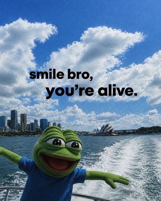 A meme image of Pepe the Frog with arms outstretched in front of a Sydney Harbour backdrop, captioned 'smile bro, you're alive.'