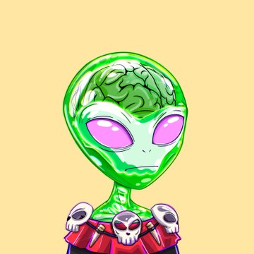 A digital illustration of a green alien with a transparent dome head revealing a visible brain, glowing purple eyes, and multiple skull decorations on its clothing against a yellow background.
