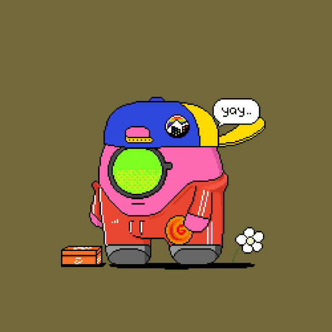 Pixel art of a pink 'Among Us' character wearing a blue cap, holding a lollipop, and saying 'yay.' in a speech bubble, standing next to a small treasure chest and a white flower on an olive green background.