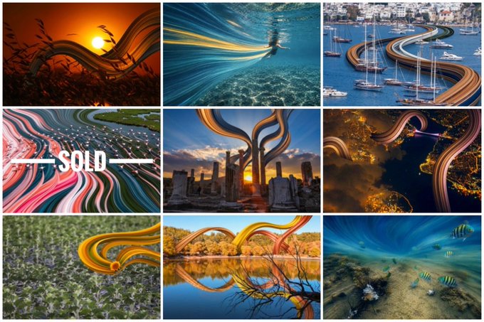 A 3x3 grid collage of artistic images featuring flowing, ribbon-like trails transforming real-world scenes—including sunsets, oceans, harbors, stone circles, underwater reefs, and landscapes—into surreal compositions, with the word "SOLD" overlaid on the middle-left image. The collection visually embodies the theme of "Rising," where photographic subjects like wildlife, cities, and natural environments are elevated through dynamic, sweeping light trails that suggest movement and transformation.