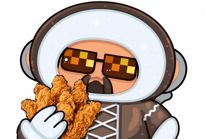 Cartoon illustration of a character wearing pixelated 'deal with it' sunglasses and a brown hooded outfit, holding a piece of fried chicken.