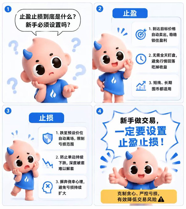 A four-panel Chinese educational infographic featuring a cartoon pink demon character explaining the concepts of '止盈' (take profit) and '止损' (stop loss) for beginner traders, with the final panel advising '新手做交易，一定要设置止盈止损！' (New traders must set take profit and stop loss!).