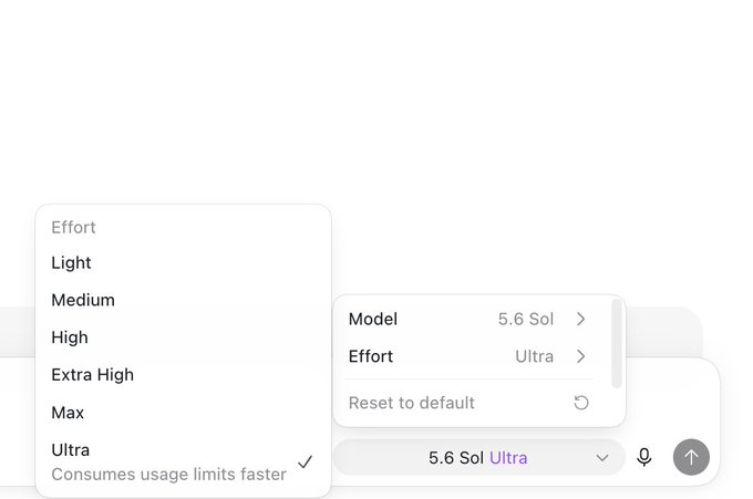 A UI menu displaying model selection options with effort levels ranging from "Light" to "Ultra," currently set to "5.6 Sol Ultra."