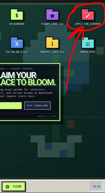 The image shows a computer desktop screenshot with a folder/file directory interface displaying items like "$FLEURHOOD", "FLOWER_GAME.exe", "APPLY_FOR_AIRDROP", "FOLLOW_ON_X_url", "PROJECT_INFO.txt", and "SNEAK_PEEK," along with a promotional graphic for a Robinhood-based pixel garden NFT project. A hand-drawn red circle and arrow highlight the "APPLY_FOR_AIRDROP" folder, guiding viewers to click it as part of the step-by-step airdrop participation instructions for the early alpha @fleurhood project on Robinhood Chain.