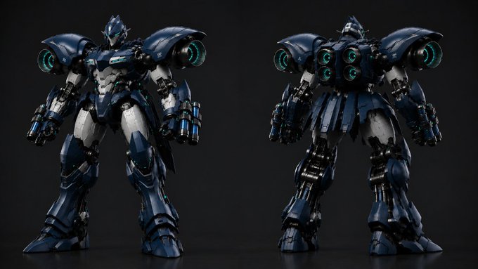 Front and rear views of a heavily armored, blue-and-gray mecha with glowing cyan accents, presented as a 3D demo render labeled "A05 3D Demo" to showcase the character model's design from multiple angles.