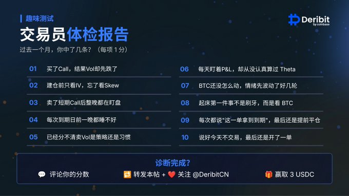 A Deribit Chinese-language promotional graphic titled '交易员体检报告' (Trader Health Check Report) listing 10 humorous diagnostic questions about trading behaviors, with instructions to comment scores, share, follow @DeribitCN, and claim 3 USDC.