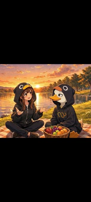 An anime-style illustration of a girl and a penguin character in matching black hoodies having a picnic by a lake at sunset, with a basket of fruit between them.