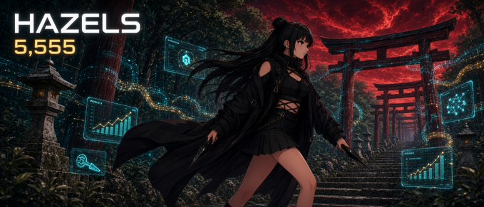 An anime-style image featuring a dark-haired female character in black attire standing before torii gates, with floating holographic data displays; text reads 'HAZELS' and '5,555'.