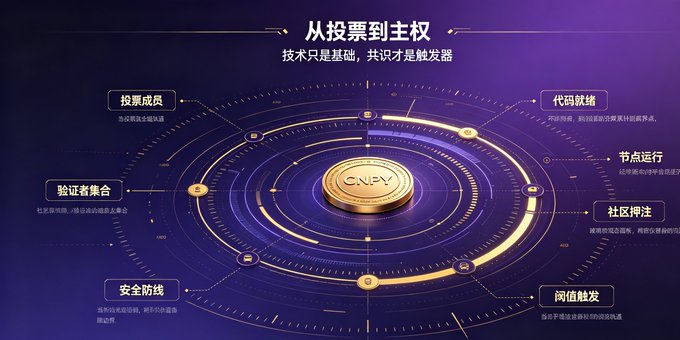 A futuristic infographic titled "从投票到主权" (From Voting to Sovereignty) showcases CNPY Network's sovereignty framework, featuring a central gold "CNPY" coin surrounded by six orbital components—投票成员 (Voting Members), 验证者集合 (Validator Set), 安全防线 (Security Defense), 代码就绪 (Code Readiness), 节点运行 (Node Operation), and 社区押注 (Community Staking)—visually reinforcing the post's argument that blockchain sovereignty is earned through community staking rather than technical deployment or exchange listings.