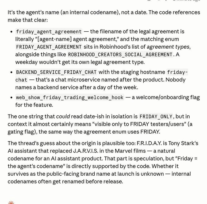 Text post explaining that 'Friday' is an agent codename rather than a date, citing references like 'friday_agent_agreement' and 'BACKEND_SERVICE_FRIDAY_CHAT' as evidence.