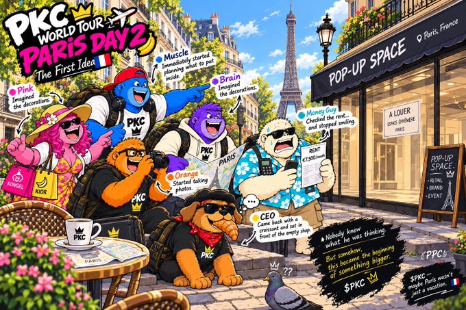 The title "PKK WORLD TOUR - PARIS DAY 2 The First Idea" features a colorful cast of characters labeled Pink, Muscle, Brain, Orange, Money Guy, CEO, and Nobody outside a Pop-Up Space with the Eiffel Tower in the background. They are shown designing a retail and brand event in Paris, France, with various annotations planning a cross-cut and empty shop setup.