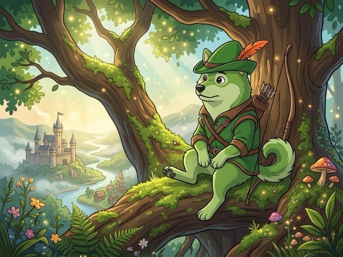 An illustration of a green dog as Robin Hood sitting on a mossy tree branch overlooking a fantasy valley with a castle.