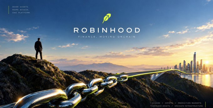 A figure stands atop a rocky mountain peak, gazing toward a glowing city skyline connected by a massive chain that stretches across rugged terrain, with a green-feathered logo above the text "ROBINHOOD - FINANCE, MOVING ONCHAIN" and corner labels listing "MORE ASSETS, MORE ACCESS, ONE PLATFORM" alongside "STOCKS / CRYPTO / PREDICTION MARKETS, TOKENIZED ASSETS / ONCHAIN INFRASTRUCTURE." The image visually reinforces the post's message about Robinhood's expanding ecosystem—using the chain to symbolize its growing onchain infrastructure bridging users to a diverse range of financial products beyond traditional stock trading.