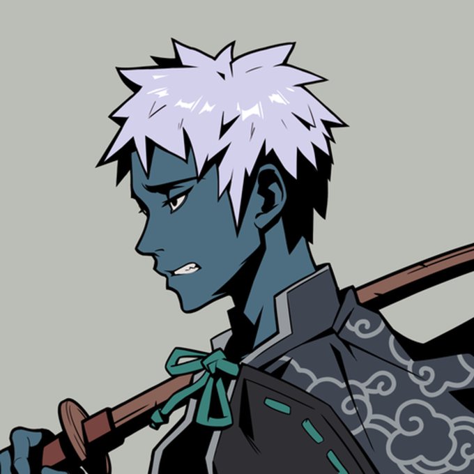 An anime-style illustration of a blue-skinned character with spiky white hair wearing a dark cloud-patterned outfit and carrying a sword.
