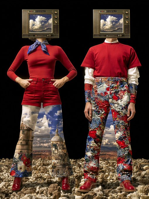 An artistic collage featuring two figures with vintage television sets for heads, wearing eclectic outfits including red tops, a blue neckerchief, and surreal pants depicting clouds and the Leaning Tower of Pisa.