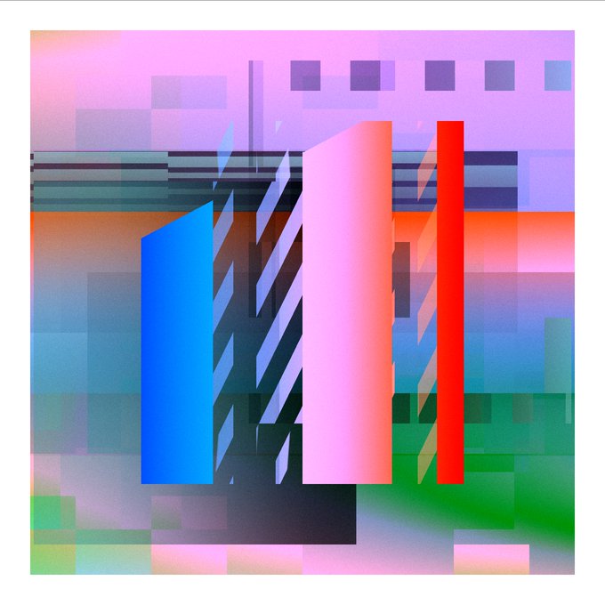 An abstract geometric artwork featuring translucent rectangular shapes in blue, pink, and red colors overlaid on a pixelated gradient background of pinks, blues, and greens.