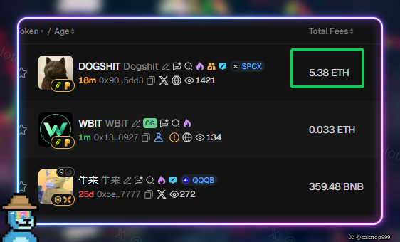 A screenshot showing crypto token listings including DOGSHIT at 5.38 ETH, WBIT at 0.033 ETH, and a token with Chinese characters at 359.48 BNB.