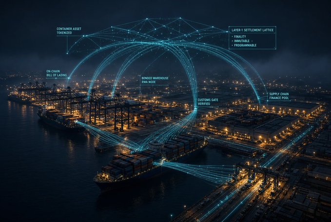A futuristic illustration of a nighttime shipping port overlaid with glowing blue digital network lines and labels depicting blockchain concepts like 'CONSIGNEE ASSET TOKENIZED,' 'LAYER-1 SETTLEMENT LATTICE,' and 'SUPPLY CHAIN FINANCE POOL.'
