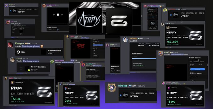 A collage of multiple Discord screenshots showing cryptocurrency rentry transactions and minting activity for NTRPY tokens.