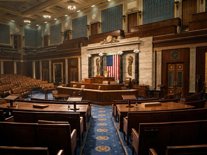 The U.S. House Chamber, featuring the American flag and Speaker's rostrum, serves as a powerful visual backdrop linking Charles Schwab's call for the CLARITY Act to the legislative process where such crypto regulation would be decided. The image evokes the gravity of Washington decision-making as financial giants rally behind the bill.