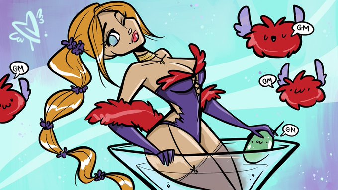 Anime-style illustration of a blonde woman in a purple and red corset reaching into a martini glass, surrounded by red cherub-like creatures saying 'GM'.