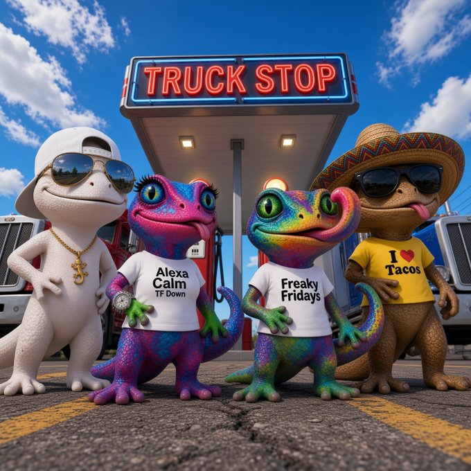 Four colorful lizards/amphibians wearing sunglasses, hats, and graphic t-shirts reading 'Alexa Calm TF Down', 'Freaky Fridays', and 'I heart Tacos' stand under a neon 'TRUCK STOP' sign.