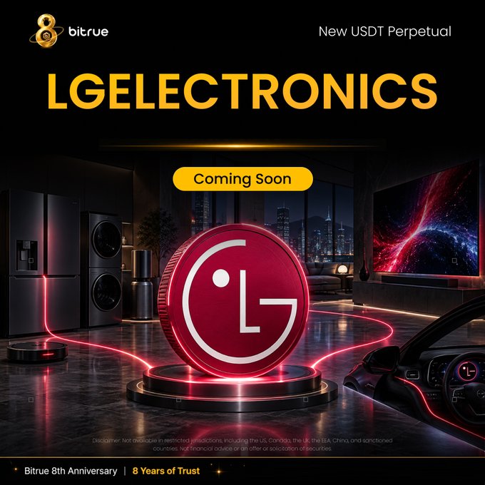 A promotional advertisement for Bitrue announces 'New USDT Perpetual' and 'LGELECTRONICS Coming Soon,' featuring an LG logo on a red coin against a backdrop of LG appliances and a vehicle, with a disclaimer noting the offer isn't available in certain countries.