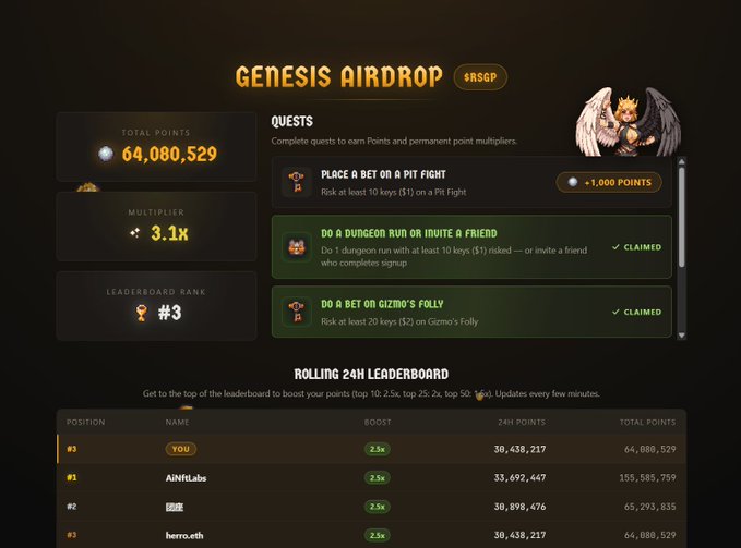 This image shows the "Genesis Airdrop" leaderboard and quest completion screen, featuring your rank #3 and 64,080,529 total points. The information displayed directly relates to the post's call to action about claiming loot drops and farming for gems and points.