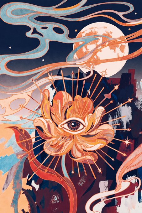 An artistic illustration featuring a central flower-like form with an eye in the middle, surrounded by radiating lines, with a moon and swirling clouds in the background.
