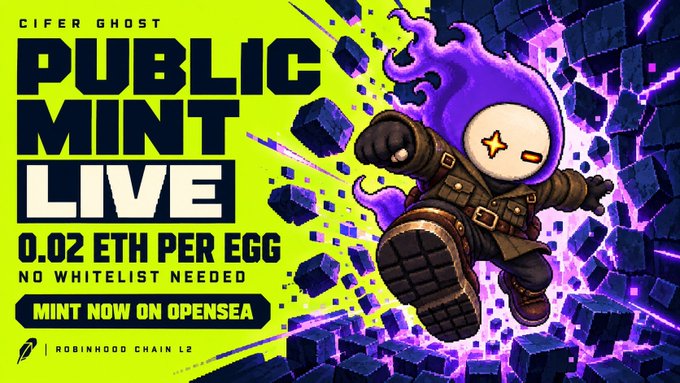 A promotional graphic for 'CIFER GHOST' advertising 'PUBLIC MINT LIVE' at '0.02 ETH PER EGG' with 'NO WHITELIST NEEDED' to 'MINT NOW ON OPENSEA' on Robinhood Chain L2, featuring a ghost figure against a bright yellow background.
