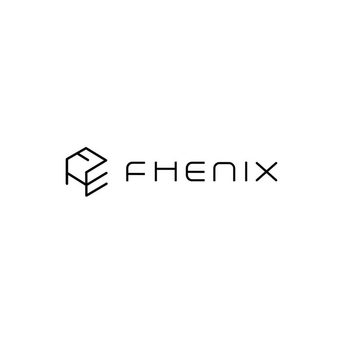 A minimalist black logo design featuring a geometric isometric cube icon next to the stylized text 'FHENIX' on a white background.