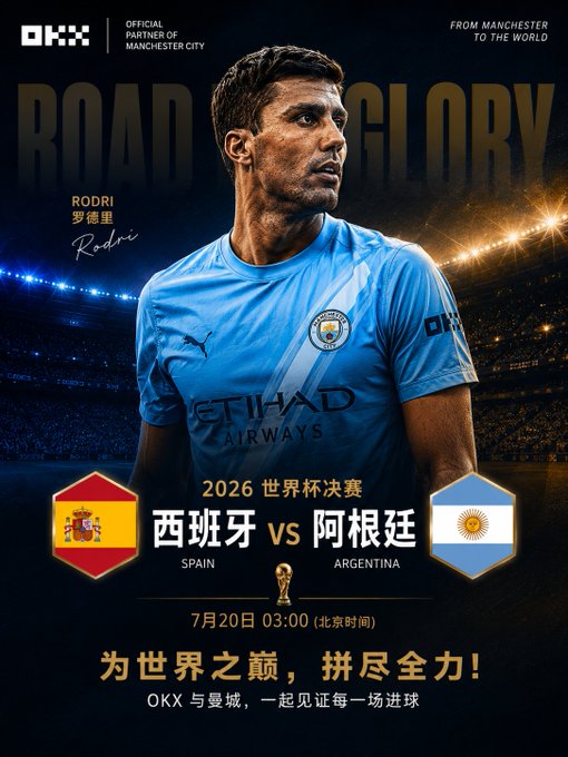 A promotional poster featuring Manchester City player Rodri in his kit, advertising the 2026 World Cup Final between Spain and Argentina on July 20 at 03:00 (Beijing time), with OKX branding as the official partner of Manchester City and the tagline "ROAD TO GLORY." The image visually supports the post's message by highlighting Rodri as Spain's representative on the final stage, celebrating the championship matchup between the two football powerhouses.