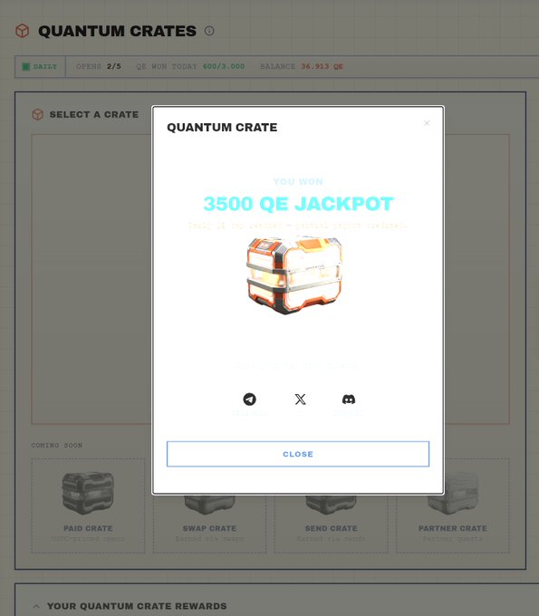 The image shows a computer screen displaying a webpage, likely for a Quantum Crate game or prize. The title "Quantum Crate" is prominently displayed at the top of the page, indicating that this is related to a Quantum Crate, which is a virtual item gained by playing the game. A screenshot of the reward slot in the game reveals two bonus rewards: $350QE and $1DCH. These are prizes won through purchasing and playing a Quantum Crate on the DAC Network. The post encourages players to "Close" the reward slot if they've already received their rewards, perhaps indicating that it's a limited-time offer or temporary.