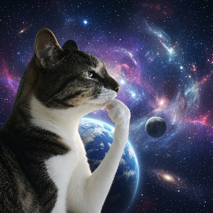 A photorealistic image of a tabby and white cat in profile, gazing thoughtfully into a vibrant cosmic scene filled with stars, colorful nebulae, and planets including Earth and a moon.