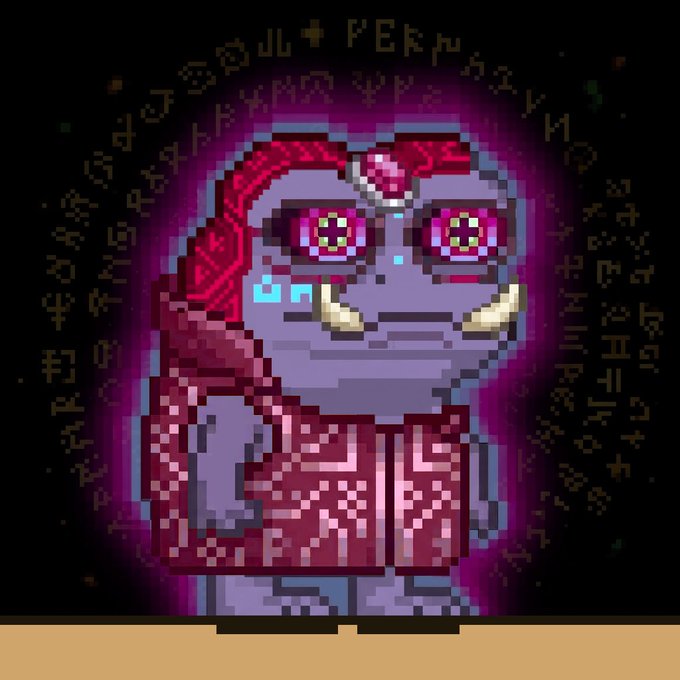 A pixel art illustration of a creature with glowing magenta eyes, tusks, and a red scarf, surrounded by cryptic runic symbols on a black background.