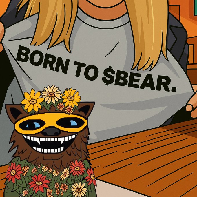 An illustrated cartoon featuring a grinning brown creature with flowers on its head next to a person wearing a shirt that reads 'BORN TO $BEAR.'
