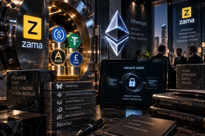 A promotional image for Zama featuring a vault with currency symbols (USDT, AUD, GBP), an Ethereum logo highlighting privacy and scalability, and partner logos including Morpho, Steakhouse Financial, Wintermute, and Flowdesk.