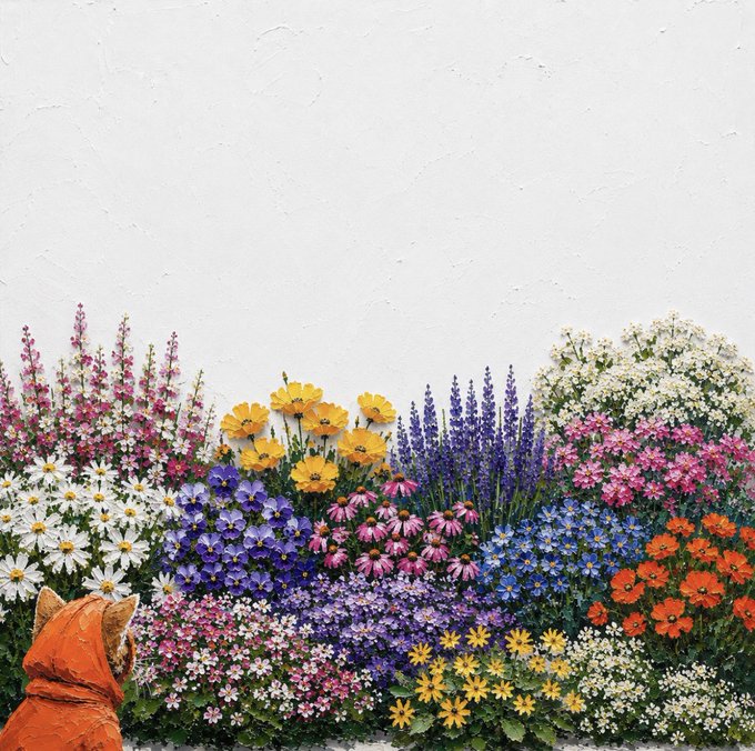A small dog wearing an orange hooded jacket sits admiring a vibrant garden of colorful flowers against a textured white wall.