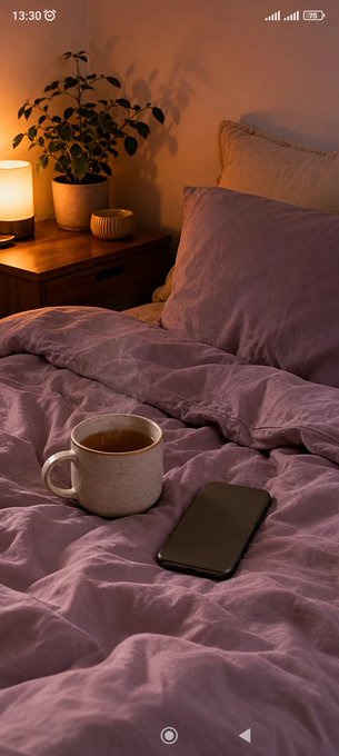 A cozy bedroom scene features a purple bed with a white mug and a smartphone resting on the comforter, lit by a bedside lamp.