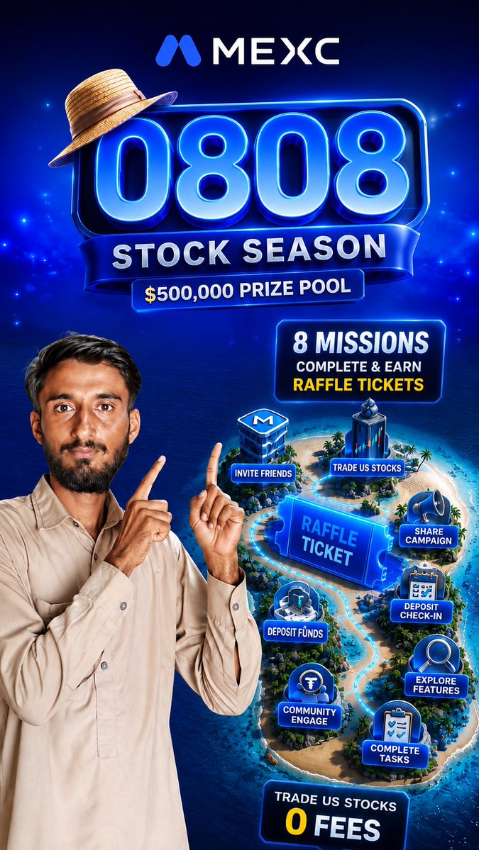 A MEXC promotional graphic for '0808 STOCK SEASON' featuring a $500,000 prize pool, 8 missions to earn raffle tickets (Invite Friends, Trade US Stocks, Share Campaign, etc.), and 0 fees for trading US stocks.