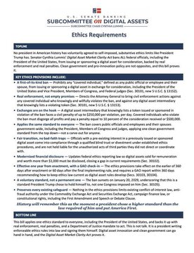 The image shows a "Subcommittee on Digital Assets" document outlining "Ethics Requirements" for federal officials, including rules on federal officials' and employees' inability to issue or sponsor digital assets, with restrictions on owning covered investments valued over $500,000. It relates to the post by presenting the formal ethical guidelines referenced in Senator Lummis's statement about the CLARITY Act's higher ethics standard for officials regarding digital assets.