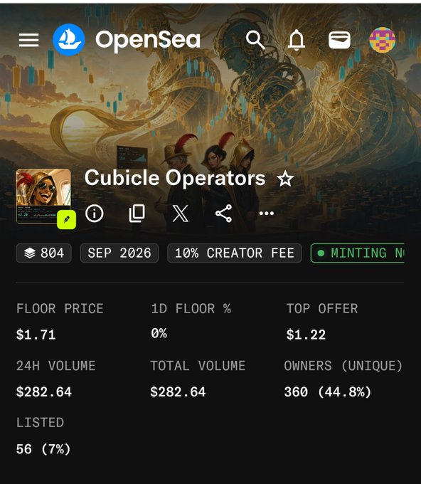 An OpenSea NFT collection page for 'Cubicle Operators' shows a floor price of $1.71, 24H volume of $282.64, 360 unique owners, and a minting status indicator.