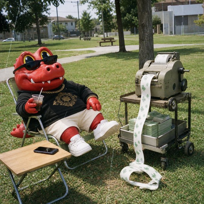 A whimsical photo of a red alligator/crocodile character wearing sunglasses, a black shirt with gold chain, white shorts, and white sneakers, sitting in a folding chair drinking from a cup while a vintage cash register prints a long receipt of dollar bills next to it on the grass.