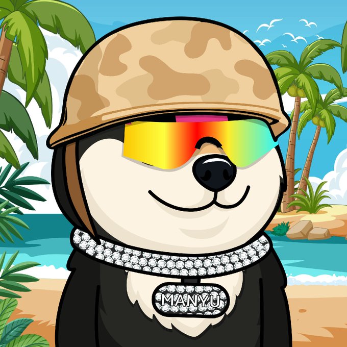 A cartoon black Shiba Inu wearing a tan military helmet, iridescent rainbow sunglasses, and diamond chains spelling "MANYU" stands on a tropical beach with palm trees. The image illustrates the accompanying post's praise for the $MANYU token and its community, showing the "black Shiba" mascot in a flashy, confident pose befitting the "can never be compared" sentiment.