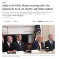 This image depicts President Trump and other high-level officials at a meeting, likely related to the "Clarity Act" and its ethics section as mentioned in the accompanying post.
