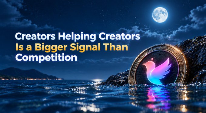 A nighttime seascape image with text reading 'Creators Helping Creators Is a Bigger Signal Than Competition' alongside a glowing bird logo.
